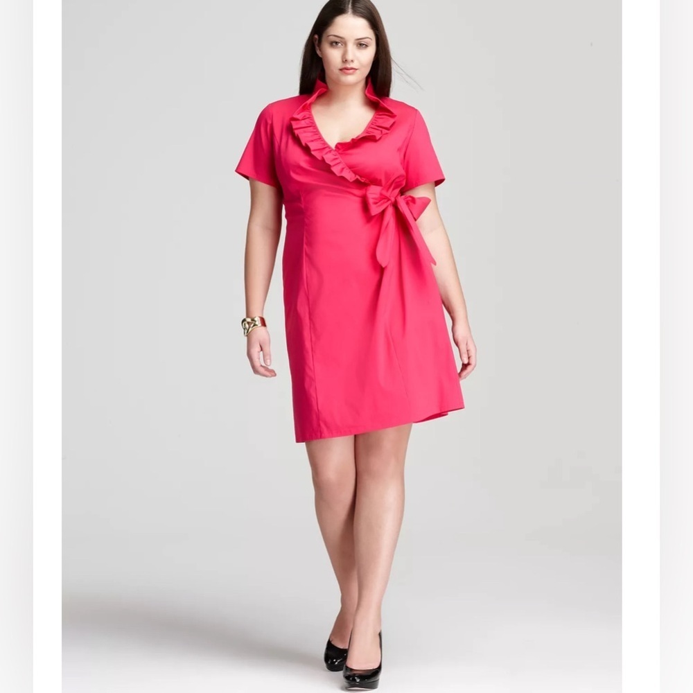 🔥 Lafayette 148 RED Edita ruffle neckline short sleeve dress sz18